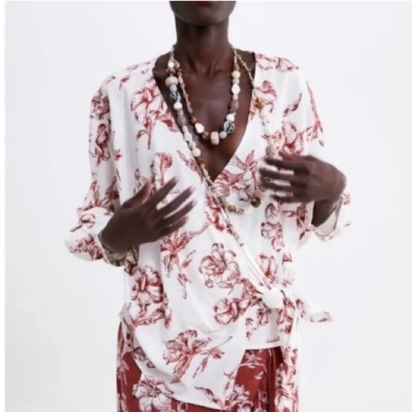 Zara Cream and Red Wrap Linen Blend top - Picture 8 of 9